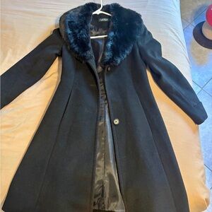 Ralph Lauren Black Wool Trench Coat with Faux Fur Collar